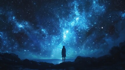 Silhouette of a Woman Gazing at the Starry Night Sky