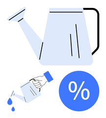 Hand holding a watering can pouring drops near percentage sign. Ideal for investment growth, nurturing, future prospects, financial planning, smart strategies, economic growth, resource allocation