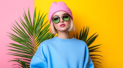 Stylish young woman in blue sweater and pink hat
