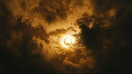 Dramatic Solar Eclipse Illuminating Amidst Dark Ominous Clouds with Radiant Sunlight Filtering Through in a Fiery Orange and Black Sky