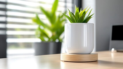 Succulent in White Pot on Wooden Base