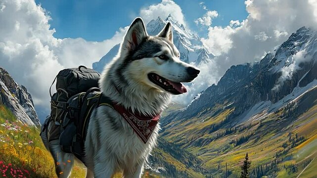 Husky on Mountaintop: A majestic Siberian husky stands tall against a backdrop of towering mountain peaks,  a symbol of resilience and unwavering spirit, ready for an adventure.