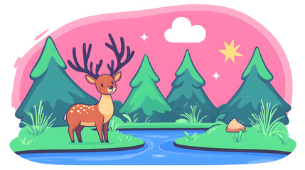 Naklejka premium Deer encounter serene forest digital illustration vibrant landscape side view nature's beauty