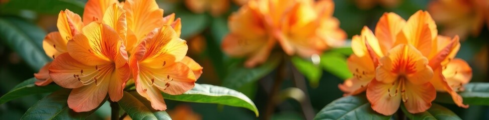 Fototapeta premium Large showy rhododendron blooms in shades of orange and yellow, flowers, leaves