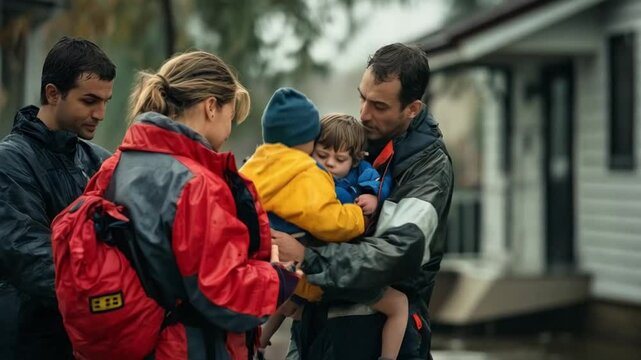 Scene of evacuation emergency team rescues children during disasters, smooth repeating motion for background video animation.