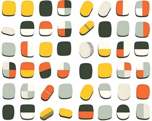Colorful pills and capsules arranged in grid.