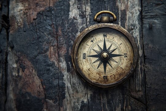 Antique compass with arrow pointing north rustic setting vintage discovery natural environment close-up view timeless navigation concept