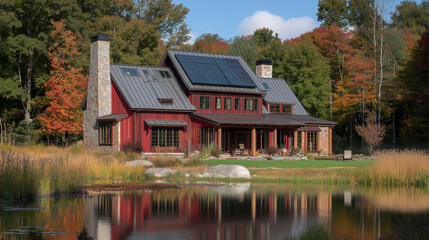 Obraz premium Sustainable home design showcasing property technology and automation for energy efficiency in nature environment