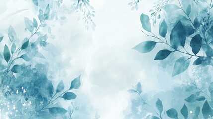 Tranquil blue and teal soft watercolor background with delicate leafy patterns creating a serene and calming atmosphere in nature-inspired design.
