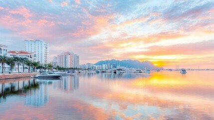 Fototapeta premium Coastal city sunrise, boats in harbor, mountains background, travel postcard
