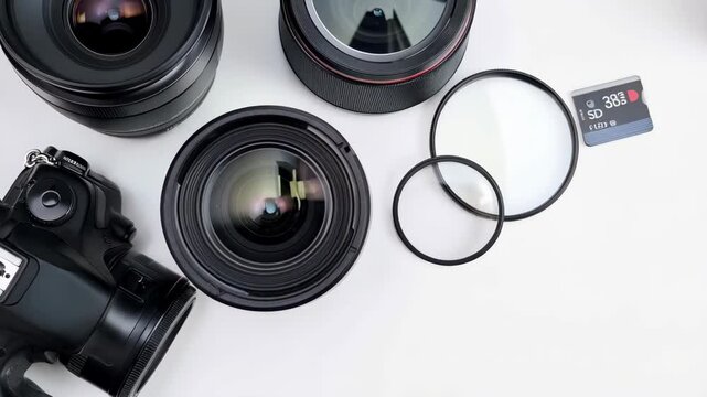 photography equipment and copy space over white table background
