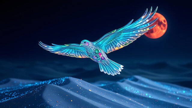 A beautiful illustration of a bird of paradise flying with vibrant wings, surrounded by nature, water, and symbols of love and beauty, capturing the essence of freedom and life
