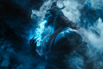 A dramatic representation of Shiva drinking poison (Halahala) during the churning of the ocean (Samudra Manthan)