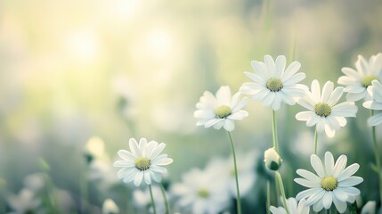 Dreamy Soft Focus White Daisy Flowers on Blurry Grey Gradient Meadow Background for Serene Nature Aesthetic and Floral Designs