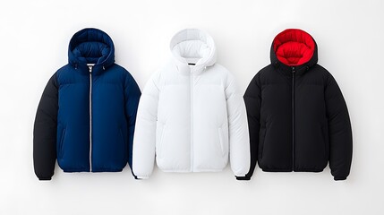 Three Hooded Puffer Jackets in Navy, White, and Black