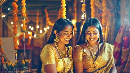 Happy indian women celebrate traditional religious event indoor during night time - Culture and tradition concept - Models by AI generative 