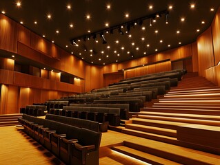 Grand concert hall with acoustically enhanced walls, tiered seating, and a spacious stage. Perfect for musical performances.