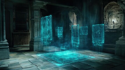 Obraz premium Floating holographic interfaces in a dark room