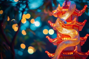 Fototapeta premium Illuminated pagoda, serpentine form, festive bokeh background.