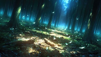 Enchanting Forest Path With Glowing Butterflies