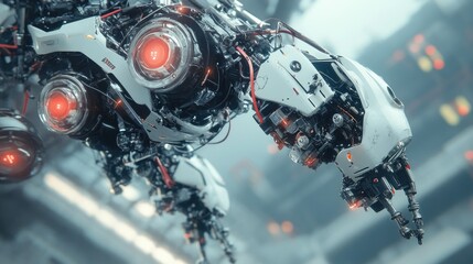 Fototapeta premium Futuristic robot parts assembling themselves in mid-air