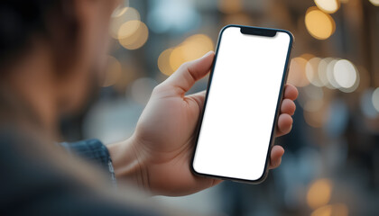 cell phone blank white screen mock-up. man hand holding texting using mobile on desk at office. Background empty space for advertise. Work people contact marketing business