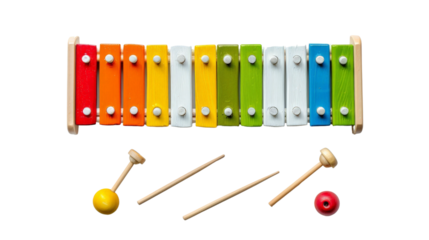 An image of a toy musical instrument, such as a colorful xylophone or drum set, isolated against a white backdrop to emphasize its playful design and bright colors.