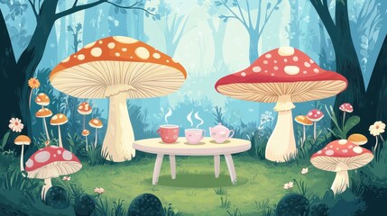 Enchanting Mushroom Forest Tea Party Scene