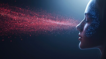 Arafed woman illuminated by striking red and blue lights, creating a dramatic and captivating visual effect on her face.