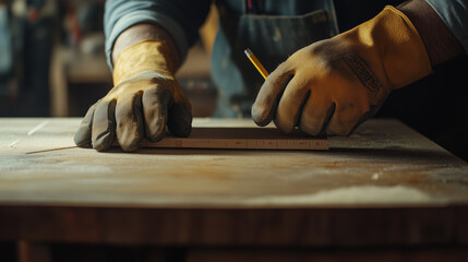 A carpenter wearing gloves uses a tape measure and pencil to make marks on a piece of wood board to be cut on a table saw in a workshop or woodworking industry, woodworking. Happy Carpenter's Day.