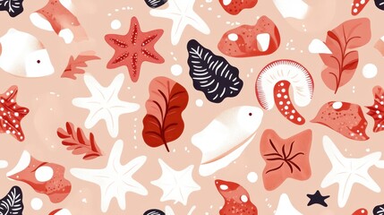 A vibrant display of diverse sea animals and shells set against a soft pink background, showcasing marine life in a visually appealing manner.
