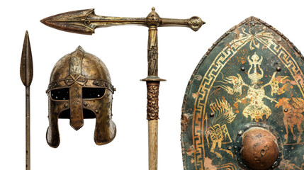 A collection of ancient weaponry including a bronze helmet, a shield with heraldic designs, and a spear, all isolated on aTransparent background, PNG file to showcase their historical 
