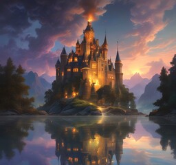 Naklejka premium Illustration of glowing mystery tower castle in night.