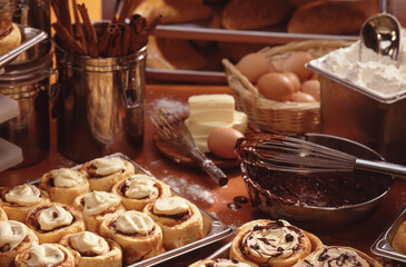 Cinnamon Rolls on bakery kitchen.