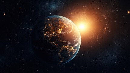 Naklejka premium A stunning aerial view of Earth showcasing the sun rising majestically over the horizon, illuminating the landscape with warm hues of dawn.