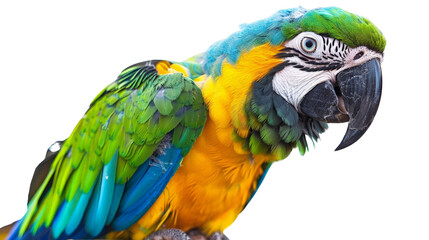 Obraz premium A colorful parrot with a bright green, blue, and yellow plumage, perched on a perch, isolated on aTransparent background, PNG file . The parrot's vivid colors and expressive features are highlighted
