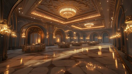 Obraz premium Luxurious banquet hall with ornate ceilings, polished marble flooring, and glowing chandeliers. Perfect for formal dinners and receptions.