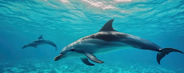 Obraz premium climate change carbon dioxide policy concept. Two dolphins swim gracefully in crystal-clear ocean waters, showcasing their sleek bodies in a vibrant underwater scene.