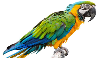 A colorful parrot with a bright green, blue, and yellow plumage, perched on a perch, isolated on aTransparent background, PNG file . The parrot's vivid colors and expressive features are highlighted