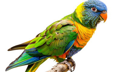 Fototapeta premium A colorful parrot with a bright green, blue, and yellow plumage, perched on a perch, isolated on aTransparent background, PNG file . The parrot's vivid colors and expressive features are highlighted