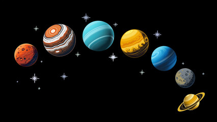 Illustration of the planetary alignment on February 28, 2025. Seven planets are shown in sequence over the horizon, capturing the celestial event as seen from the northern hemisphere.