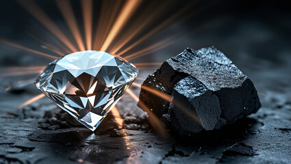 Close-Up of Gleaming Diamond and Rough Coal on a Textured Surface: A Symbolic Contrast of Transformation Under Stress with Light Rays on a Dark Background