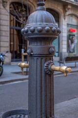 Obraz premium Historic Cast Iron Street Fountain with Ornate Details. Traditional Water Source in Barcelona's Urban Landscape (Barcelona, Catalonia)