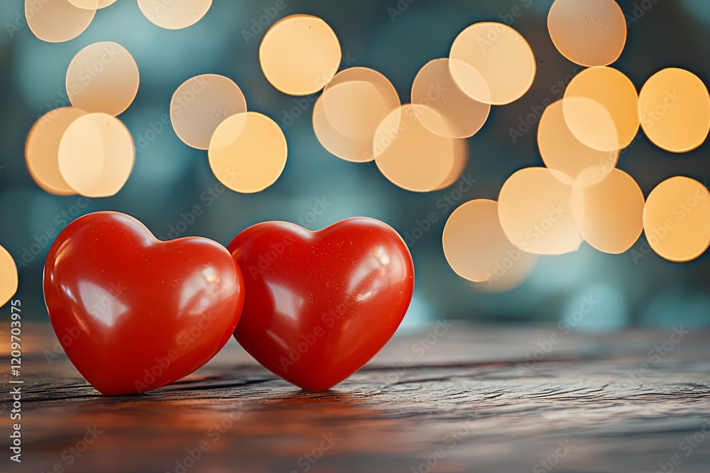 Wall mural Close-up of two red hearts on a wooden table with blurred lights in the background.