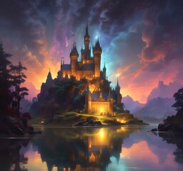Naklejka premium Illustration of glowing mystery tower castle in night.