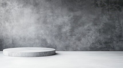 A detailed close-up view of a textured concrete platform positioned on a clean, white floor, highlighting the contrast between materials and colors.