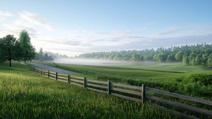 Fototapeta premium Serene Morning Landscape with Fog and Rolling Green Hills