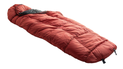 A high-quality sleeping bag in a vibrant red color, fully extended and isolated on a cleanTransparent background, PNG file , showcasing its cozy and compact design