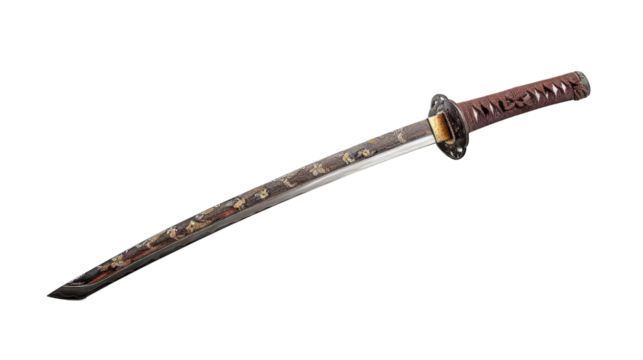 A historical Japanese katana with a meticulously crafted blade and hilt, isolated on aTransparent background, PNG file to highlight its craftsmanship and cultural significance.