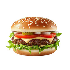 Juicy Beef Hamburger with Cheese on transparent background.